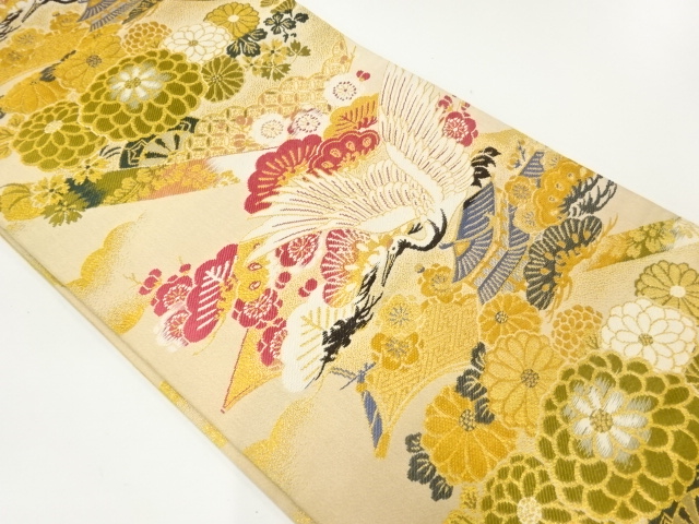 アンティーク　松梅に鶴模様織出し丸帯（着用可）